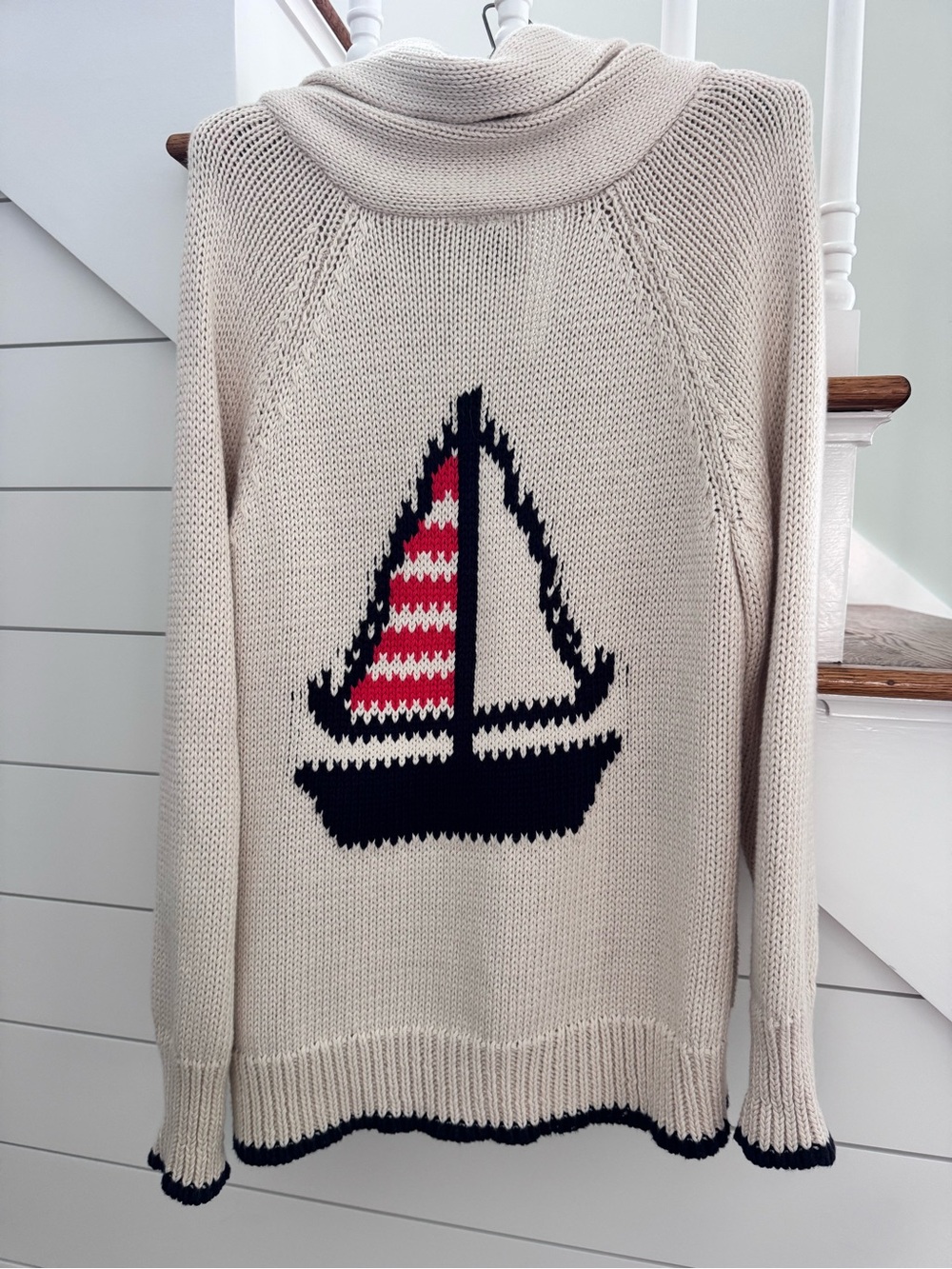 NWT Shannon Passero Cream Sailboat Knit Cardigan Sweater - Navy & Red Accent M